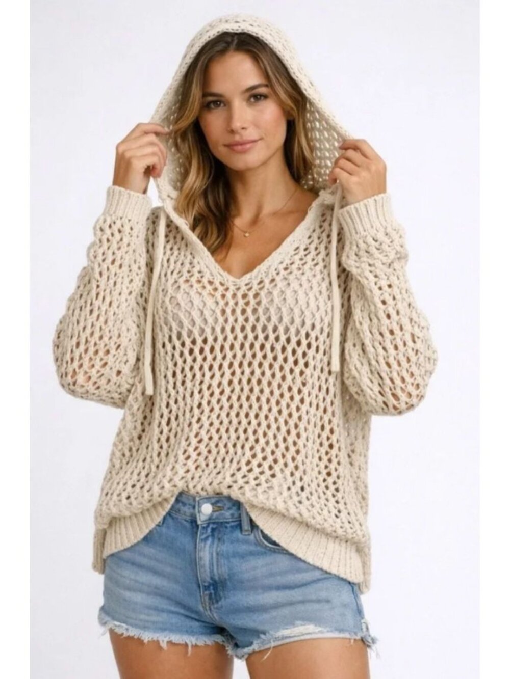 ARTELIER NICOLE MILLER Open-Knit Hooded Pullover Sweater M